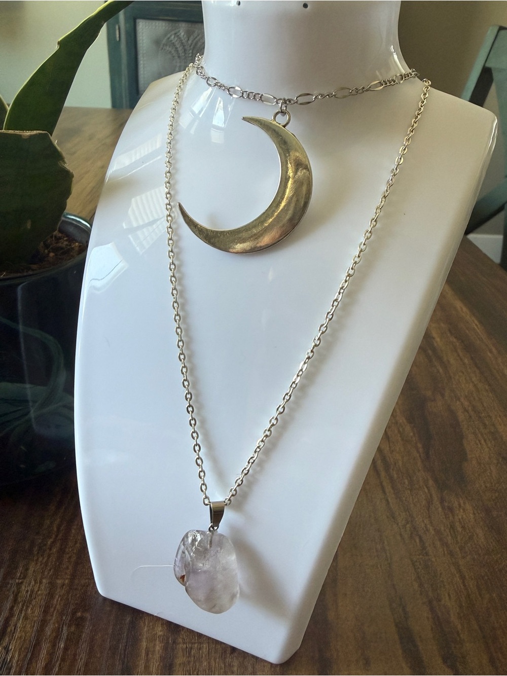 Silver-Tone Crescent Moon Choker & Clear Stone Pendant Layered Necklace